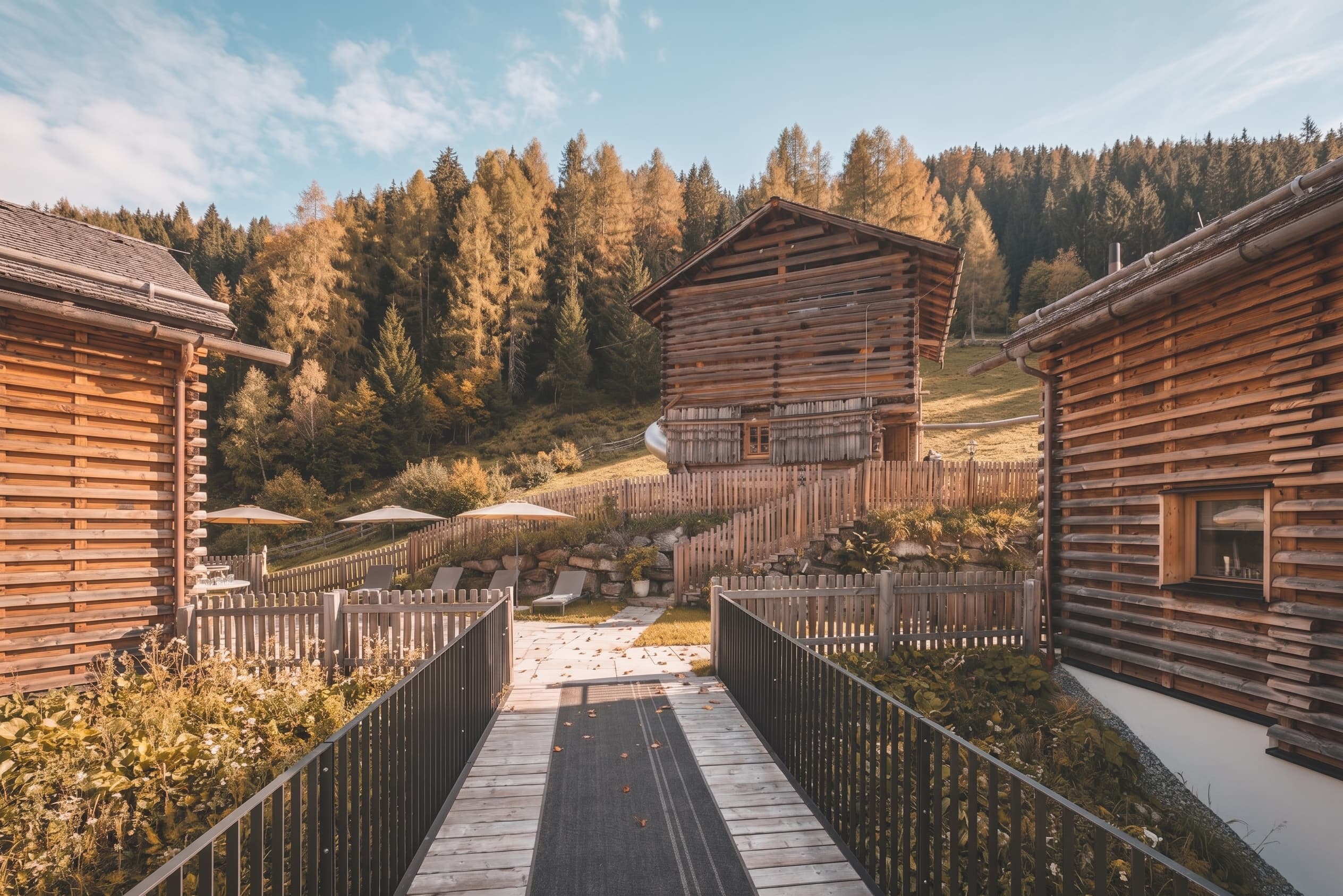 Holzsteg zwischen den Chalets im herbstlichen Bergwiesenglück