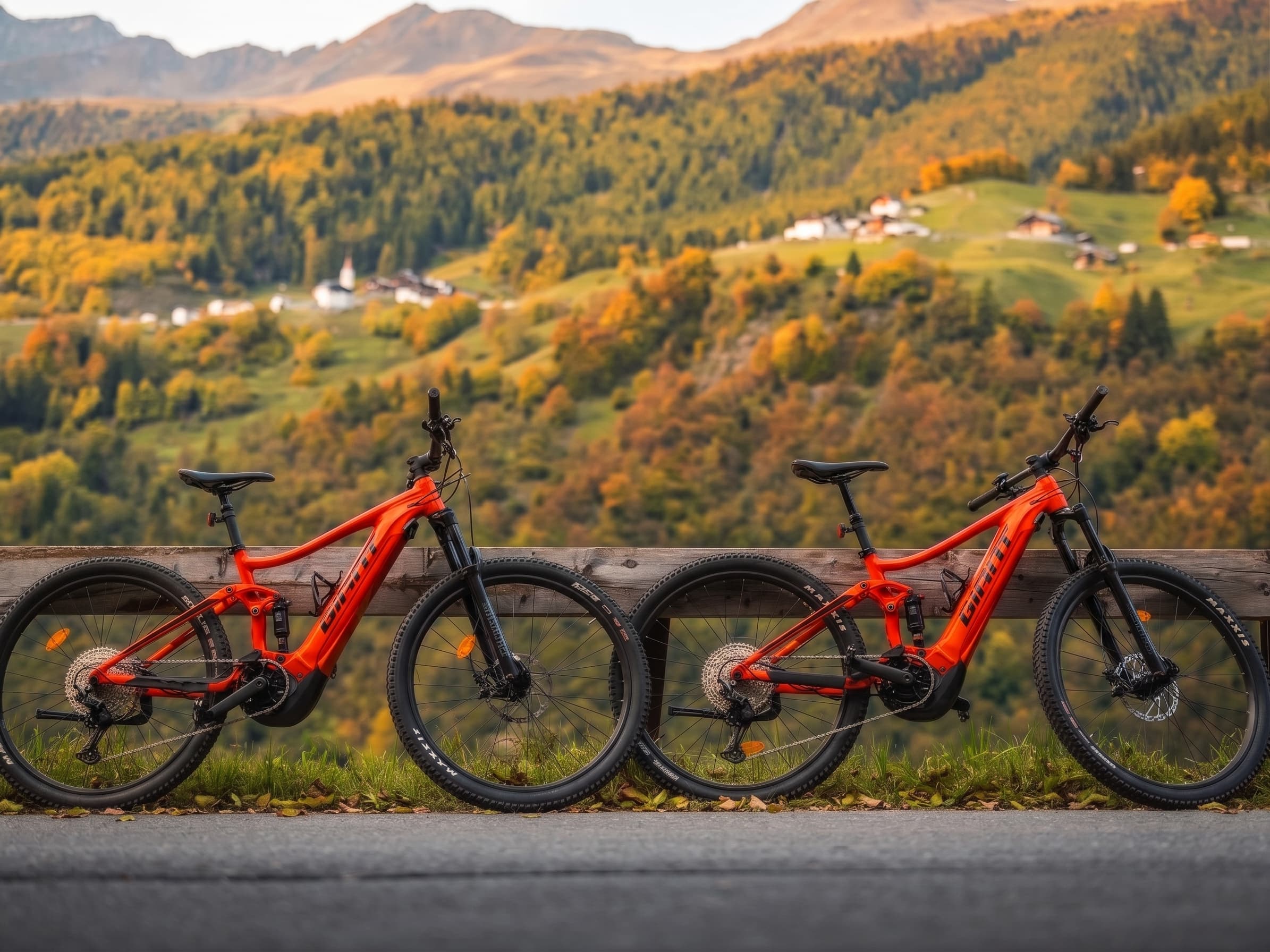 Zwei E-Mountainbikes mit Blick ins herbstliche Tal